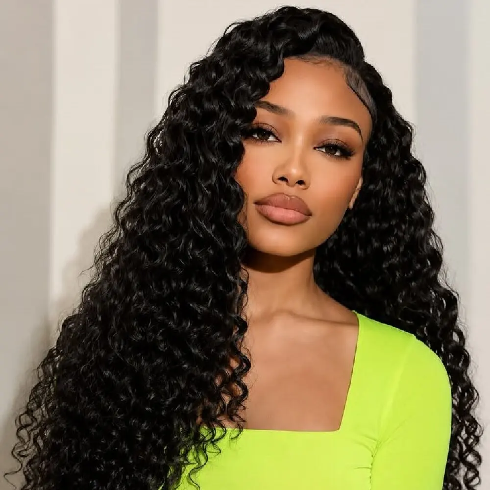 30 Inch Deep Wave Half Wig Human Hair 3 In 1 Half natural Colored Wig Glueless with Drawstring 250 Density Wig