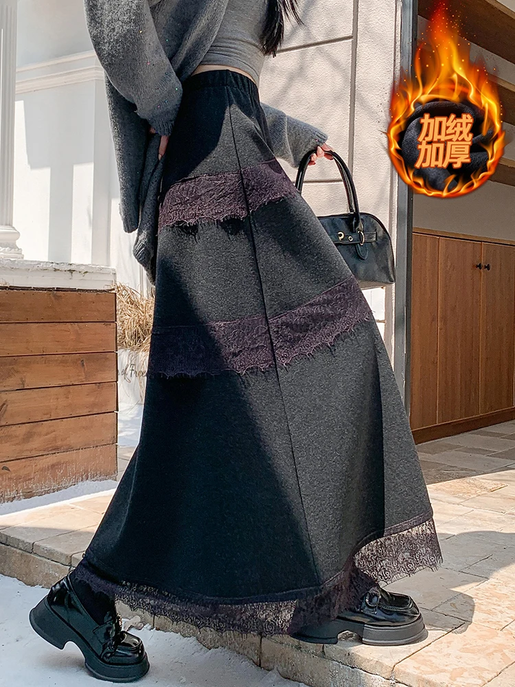 Spitze Spleißen Samt Halbrock Frauen im Herbst Winter hohe Taille Mode A-Linie große Schaukel entspannt Kuchen langen Rock