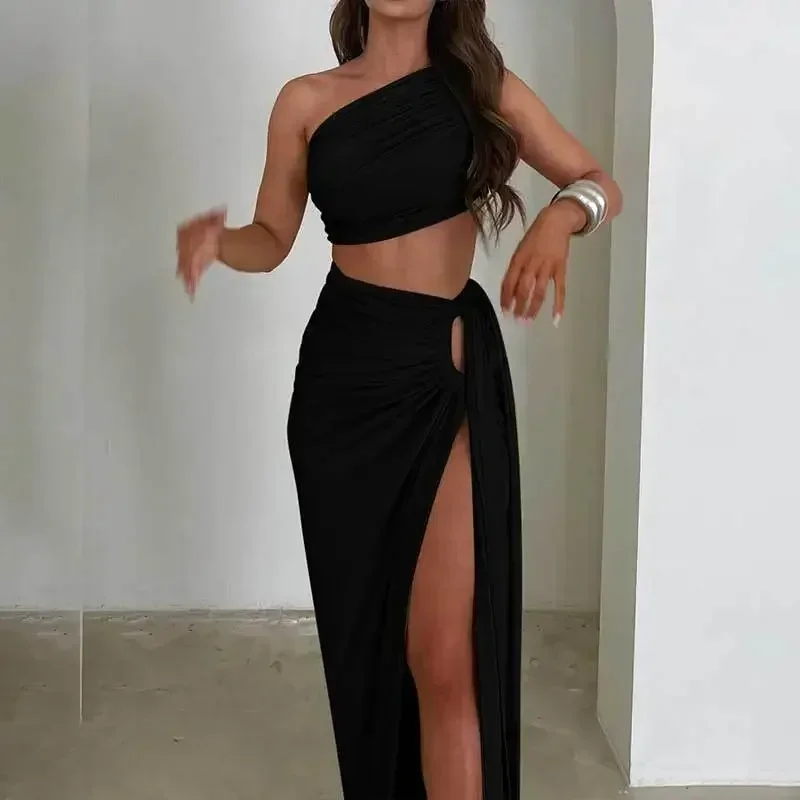 Design 2024 Spring Summer New Arrivals Women's Solid Color Sexy Sleeveless One-Shoulder Vest Split Long Skirt Suit