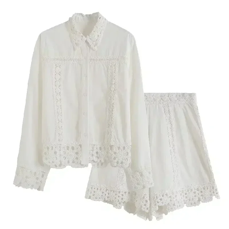 

Women's new fashion lace splicing decoration casual hollow out women's shirt retro long sleeved button up shirt chic top