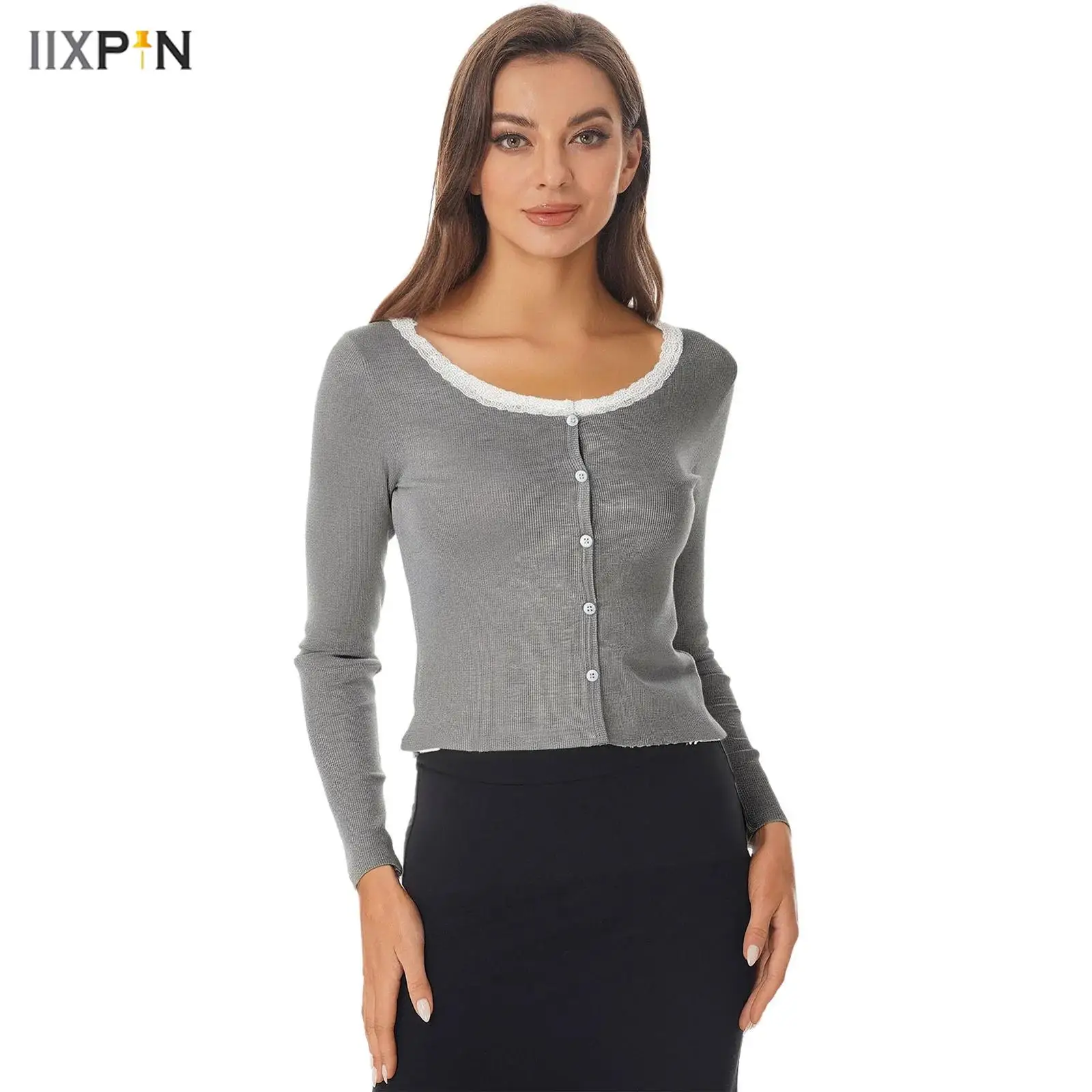 

Women's Knitted Cardigan Long Sleeve Front Buttons Neckline Lace Trim Crop Shrugs Sweater Outerwear for Office Daily Casual Wear