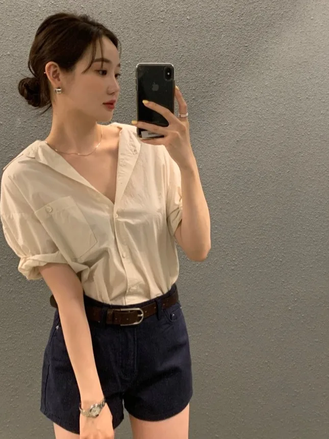 

Elegant Chic Design Women's Summer Shirt Short Sleeve Turn-down Collar Korean Style Loose Fit Fashionable Versatile Casual Shirt
