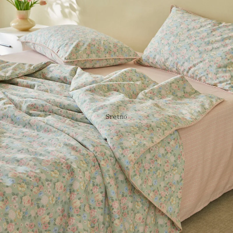 Class-A 100% Cotton Summer Quilt 4 Pieces Set, Can Sleep Naked Machine Washable Air Conditioning Comforter, Bedding Set