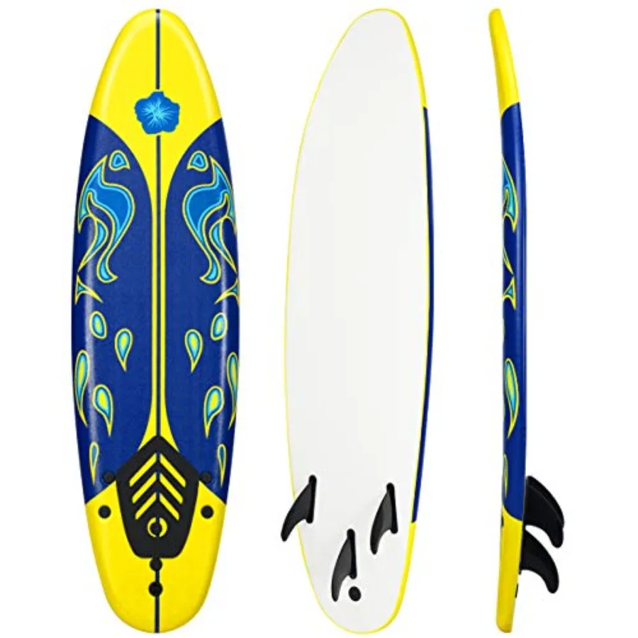 

6' Surfboard for Beach and Ocean Surfing Foam Body with Removable Fins Blue and White Lightweight and Stable Beginner Board for