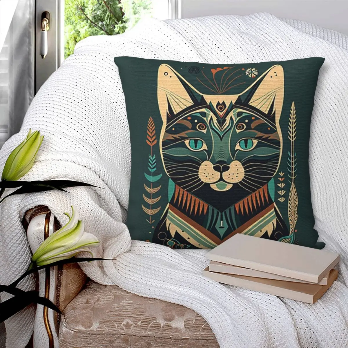 

Boho Cat Square Pillowcase Pillow Cover Polyester Cushion Zip Decorative Comfort Throw Pillow for Home Bedroom