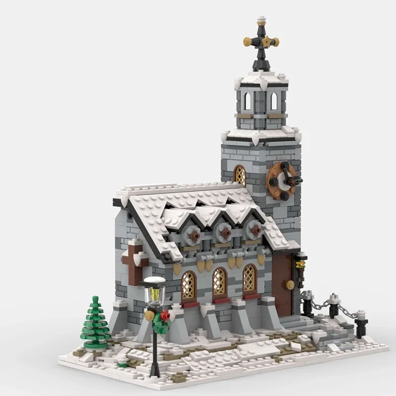 Winter Village Church Building Block Kit, City Street Snow House architettura modulare modello in mattoni giocattolo per bambini, regalo di natale