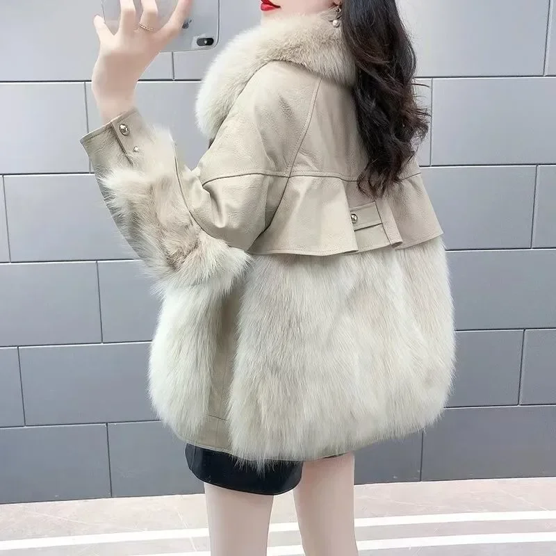 New Women Winter Faux Fur Coat Mid Length Version Fox Overcoat Loose Thick Warm Furs Jacket  Artificial Fur Collar Outwear JJ161