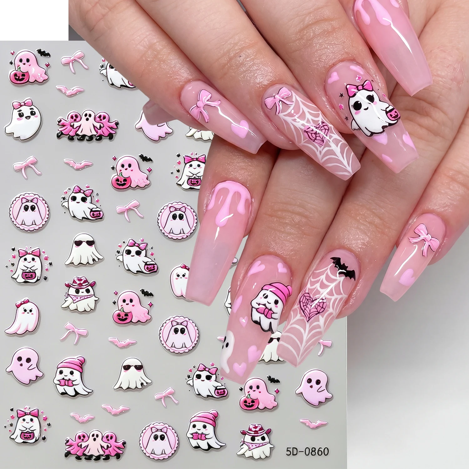 Sweet Pink Ghost Halloween Nail Art Stickers Cute Ghost Bow Spiderweb Decals Self-Adhesive Nail Decoration Holiday Nail Supplies