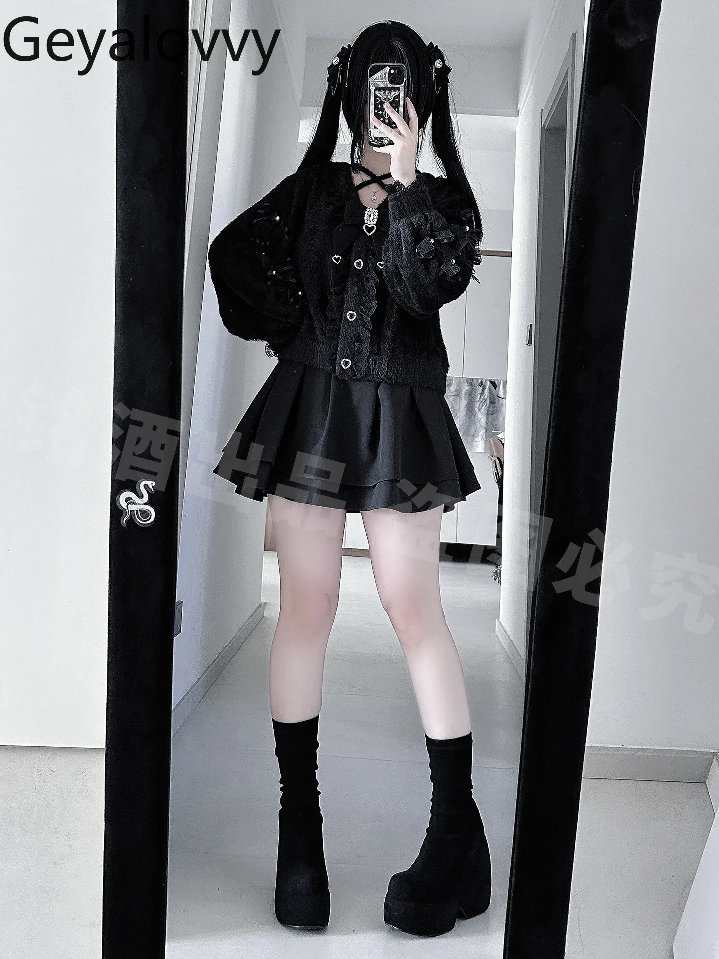 

Y2K Subculture Sweet Cute Girls Autumn Winter Black Watercolor Sweater Cardigan High Waist Bowknot Short Skirt Two-Piece Set