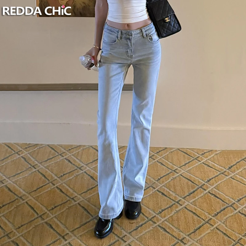 ReddaChic Women Tight Flared Jeans Simple School Work Plain Do Old Stretch High Waist Casual Pants Trousers Korean Streetwear