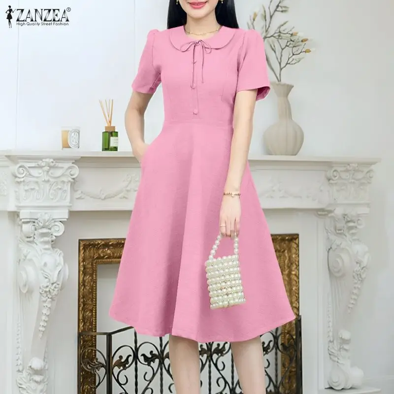 ZANZEA-vestido elegante de verano para mujer, Vestidos de oficina para mujer, vestido veraniego de manga corta con cuello de muñeca, vestido Midi liso, Vestidos de fiesta de línea A 2026