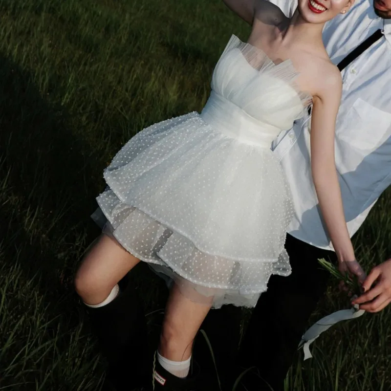 Strapless Dotted Tulle Short Wedding Dress Ruffle Tiered Mini Bridal Gown Custom Color Photo Shoot Party Homecoming Dress