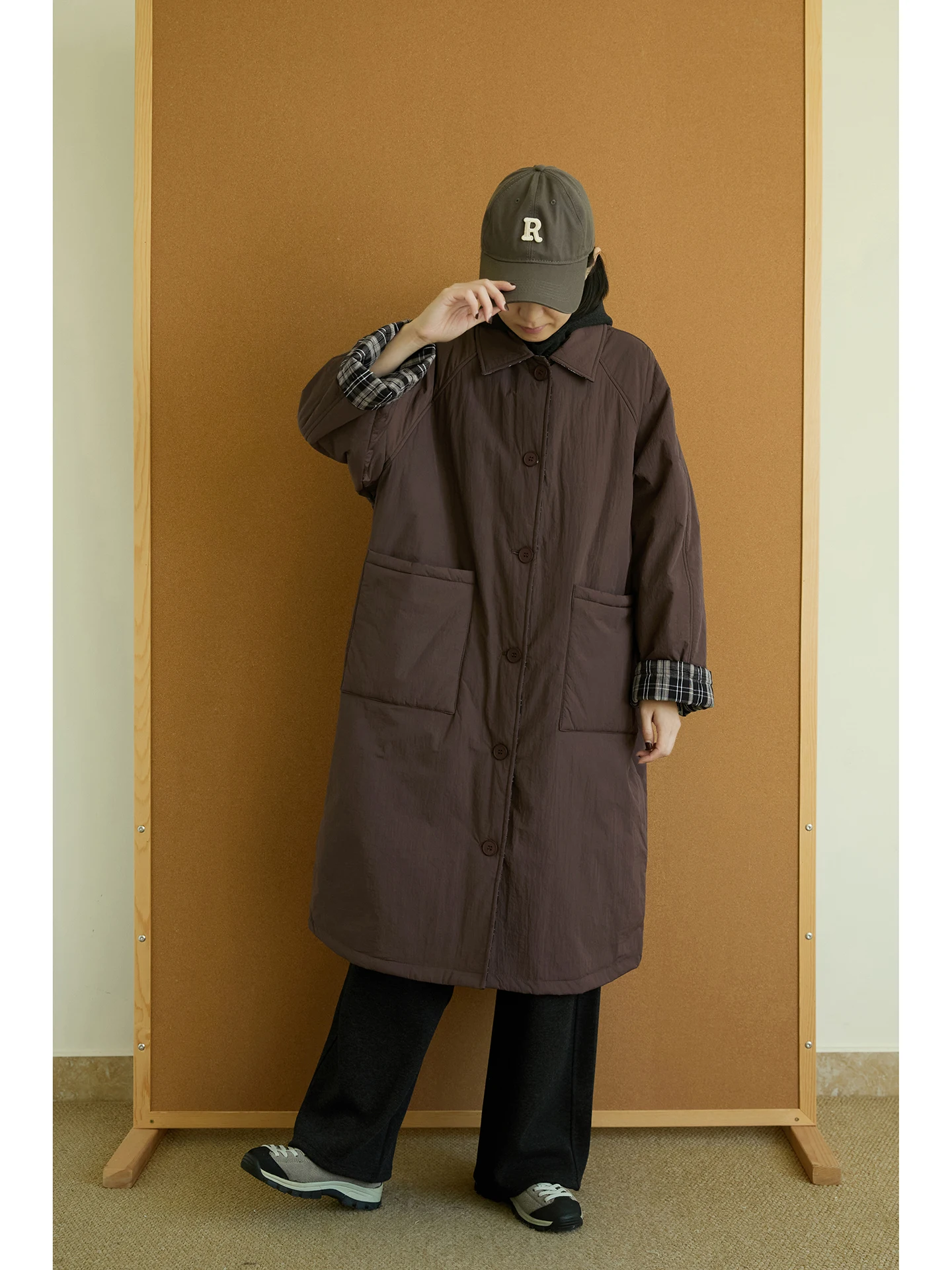 

Теплое клетчатое длинное пальто, двустороннее носимое, однотонное, милое, японское, женское хлопковое, Jaet, прямой крой, обычный све