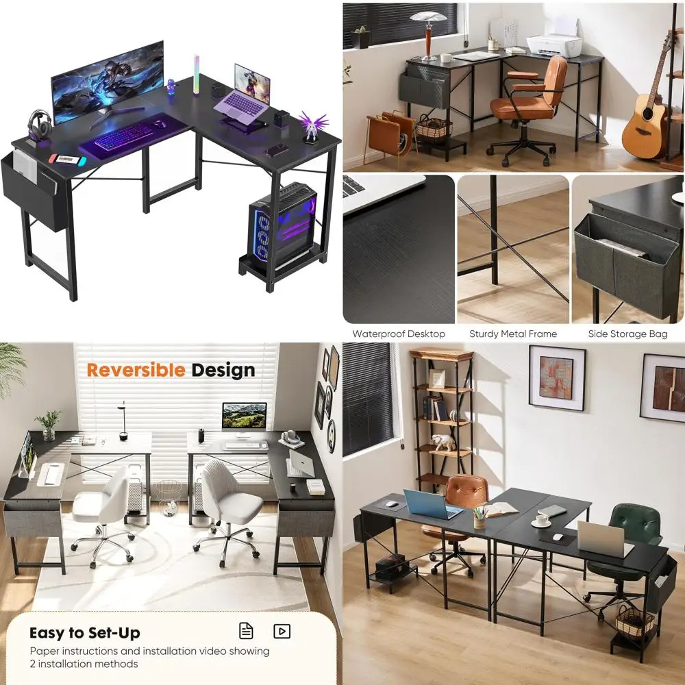 

Stylish 50-Inch Black L-Shaped Desk with CPU Stand and Side Bag for Home Office, Dorm, and Gaming