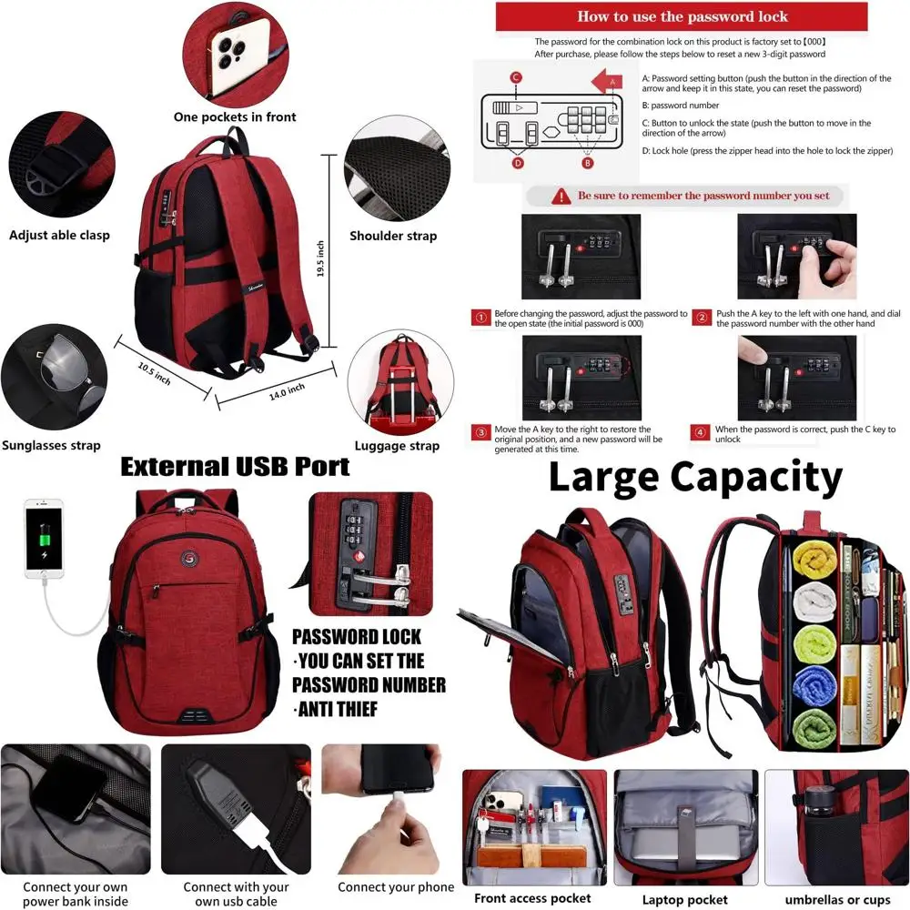 

17-Inch Laptop Backpack with USB Charging Port for Men & Women, Suitable for College and Travel, Red