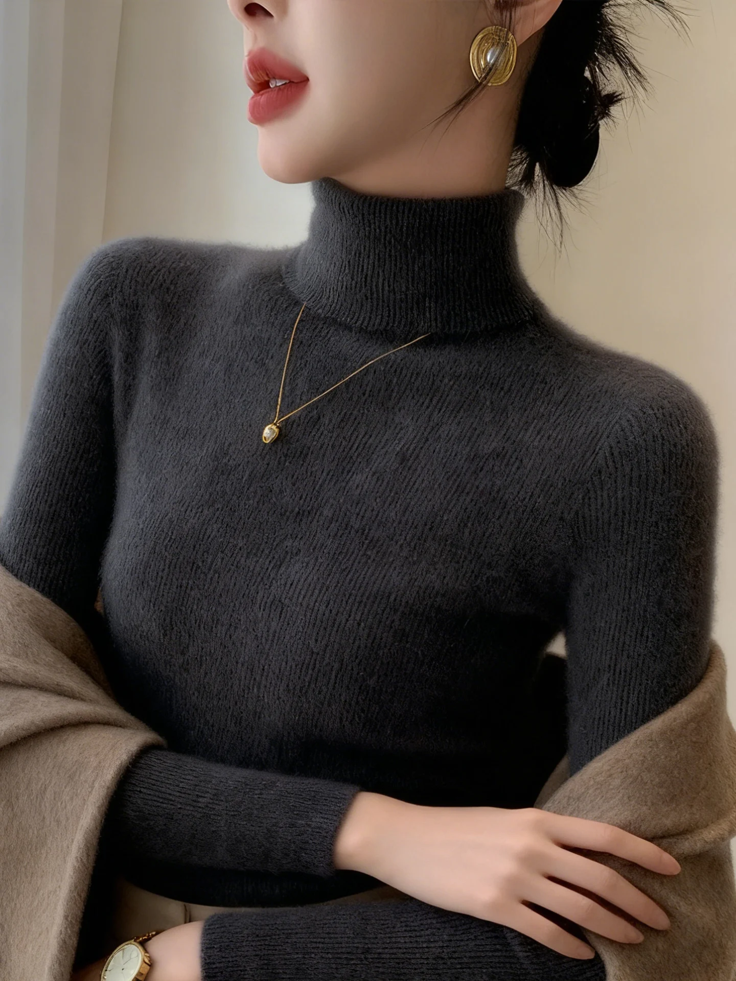 

Ele High Ne Sl Knitted Base irt Women's Slim Fit Soft Cozy Winter Inner Wear Faionable Versatile Long Sve ...