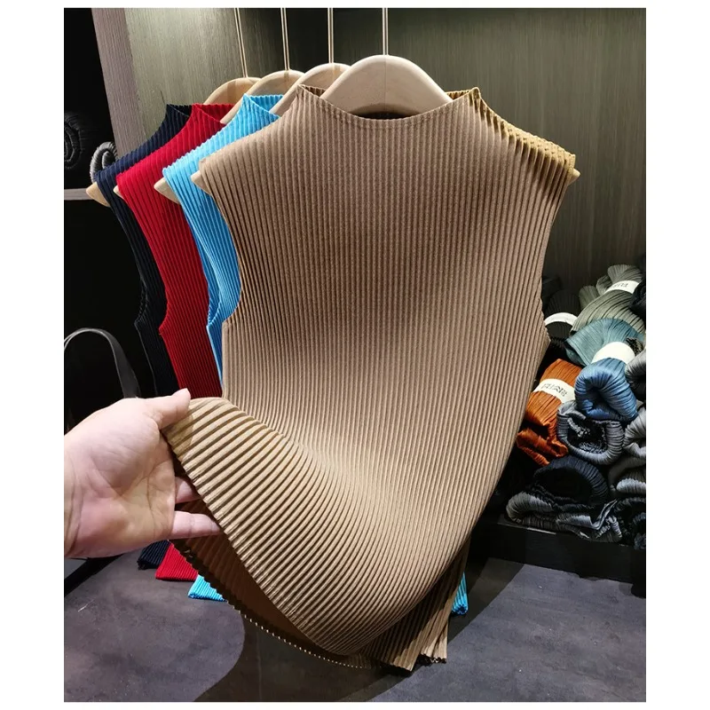 

Miyake Pleated Women's Sleeveless Undershirt 2026 Summer New Elastic Slim Pullover Bottoming T-shirt Tops Thickened Fold Fabric