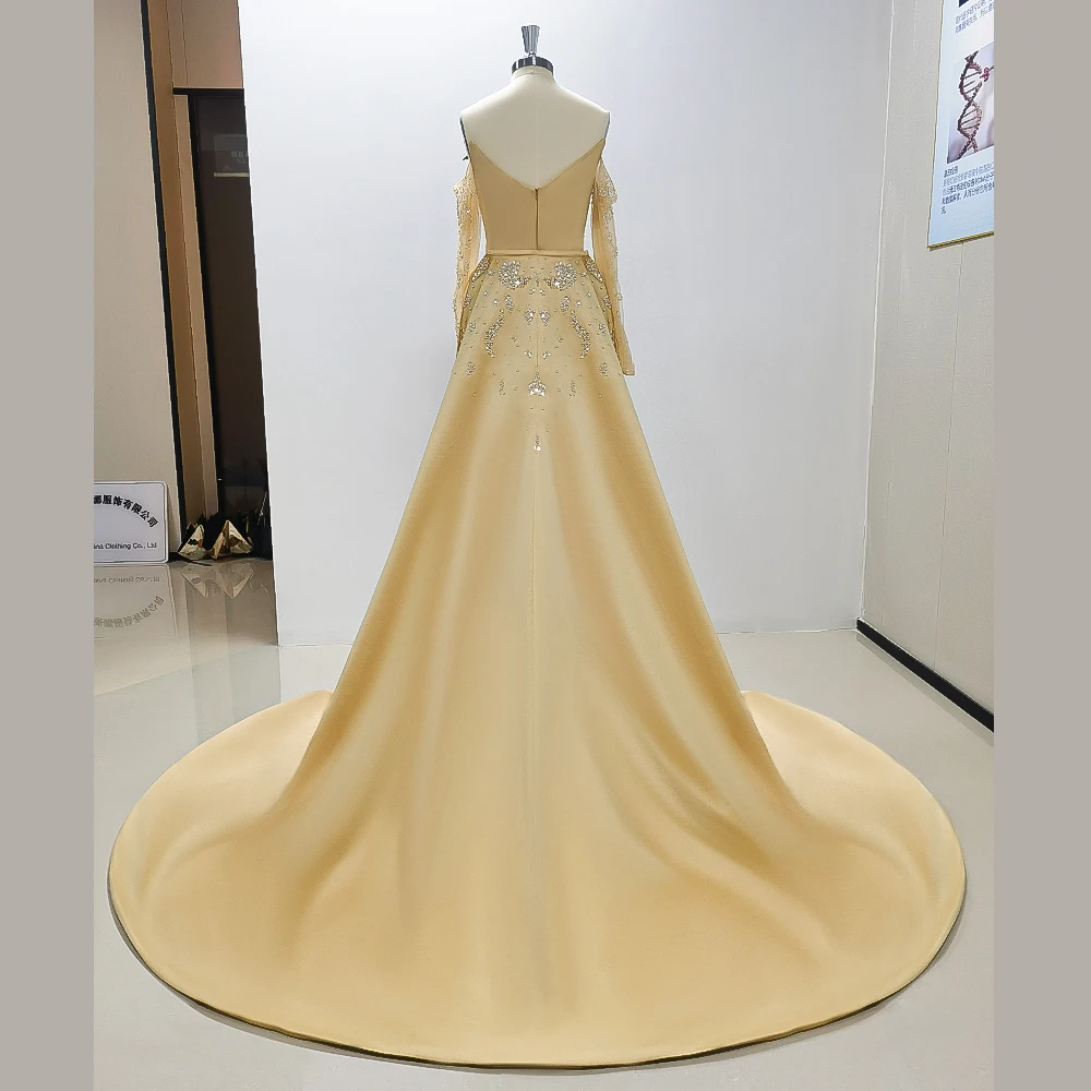 Golden Off The Shoulder Long Sleeved  Beading A-line Evening Dress New Fashion Female Floor Length Party Prom Gowns