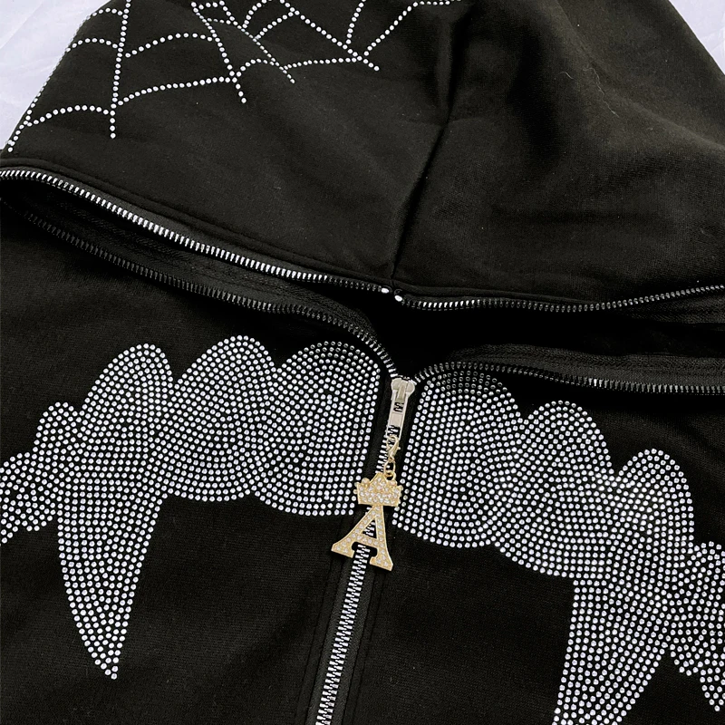 Y2k Hoodies Goth Hip Hop Rhinestone Teeth Spider Web 26 Letter Crown Full Zipper Black Oversized Jacket Sweatshirts