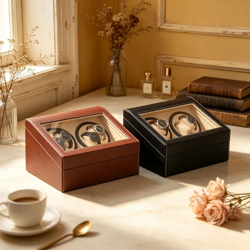 Leather Automatic Watch Winder Display Case with Lid Strong Quiet Motor Dustproof Watch Rotator Box 시계 와인더