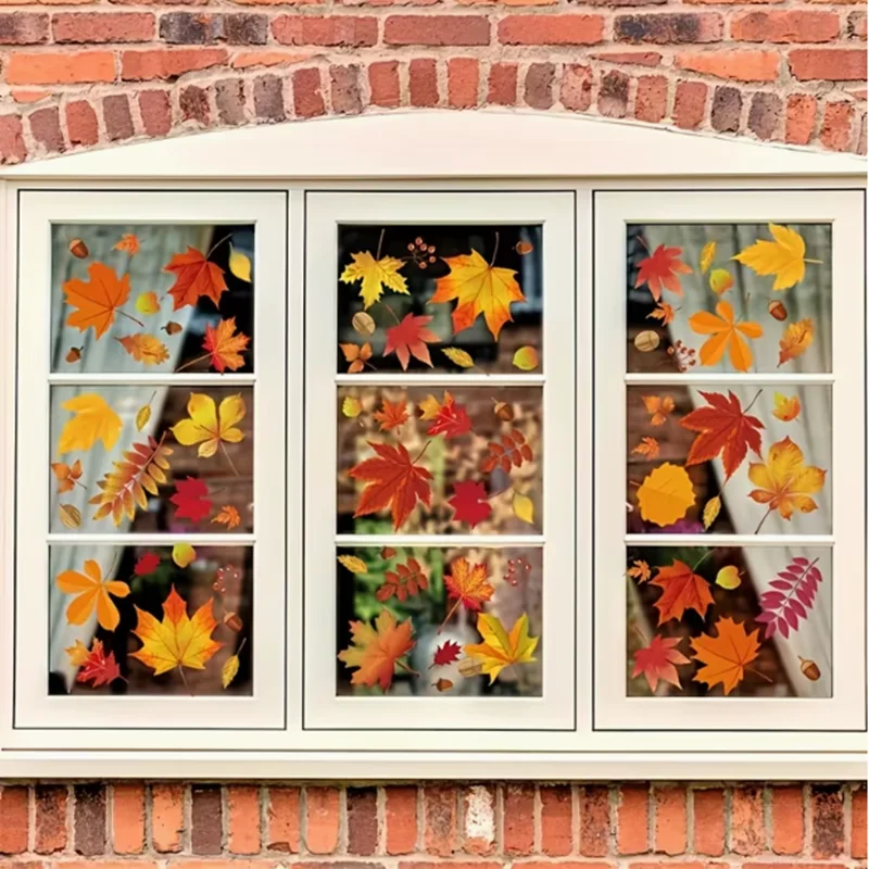 144pcs Autumn Harvest Festival window sticker featuring maple leaves, pinecones and autumn leaves. Thanksgiving decoration
