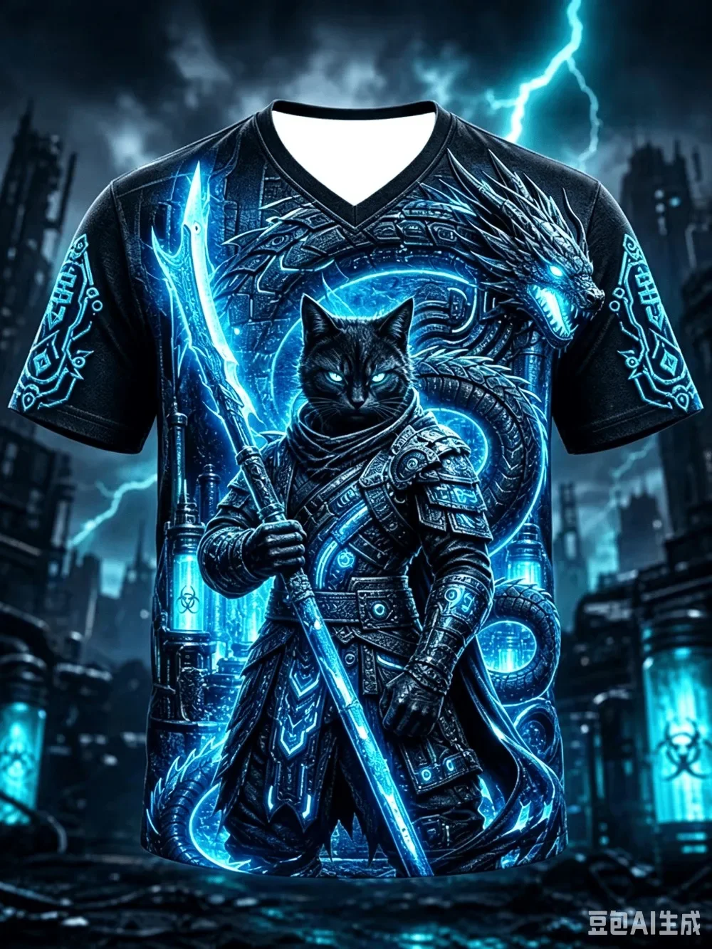 Cyber Black Cat Warrior 3D Print Sport Quickdry Breath Men V-neckT-shirt Outdoor Street Casual Fashion Training Parent-Child Top