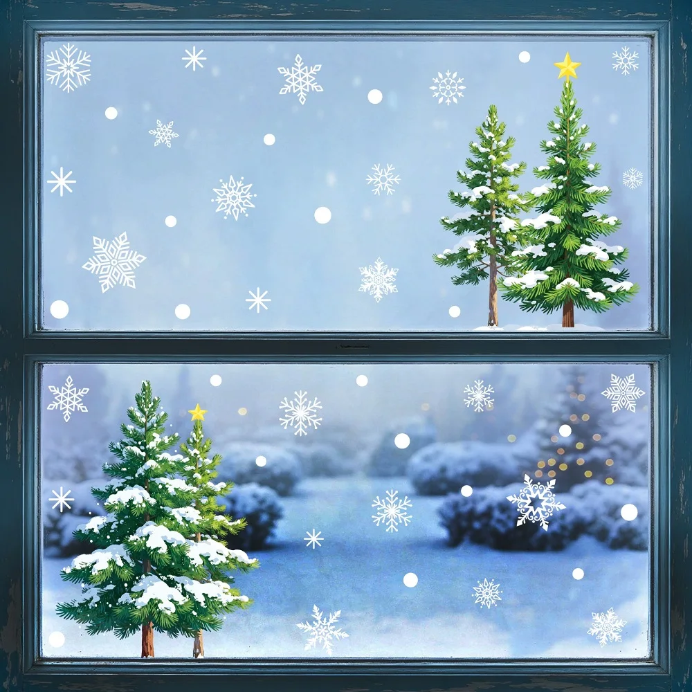 Christmas Tree Window Stickers Decoration for Home Shopping Mall, Green Cedar Snowflake Static Cling Decals for Glass