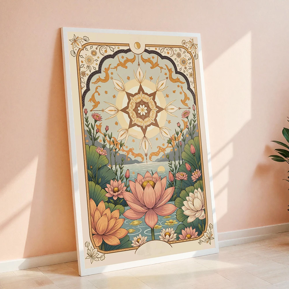 1PC frameless decorative art print,Boho Vintage Floral Star Tarot Card Art Prints Celestial Lotus and Sun Wall Canvas Painting F