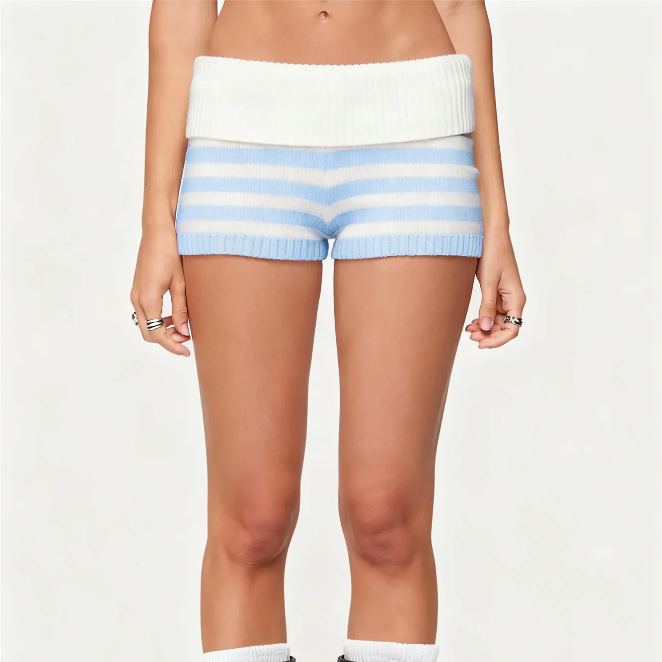 여성 Y2K 니트 미니 반바지 스트라이프 폴드오버 로우 웨이스트 엘라스틱 슬림 핏 빈티지 외출용 마이크로 바텀 여름 스트리트웨어