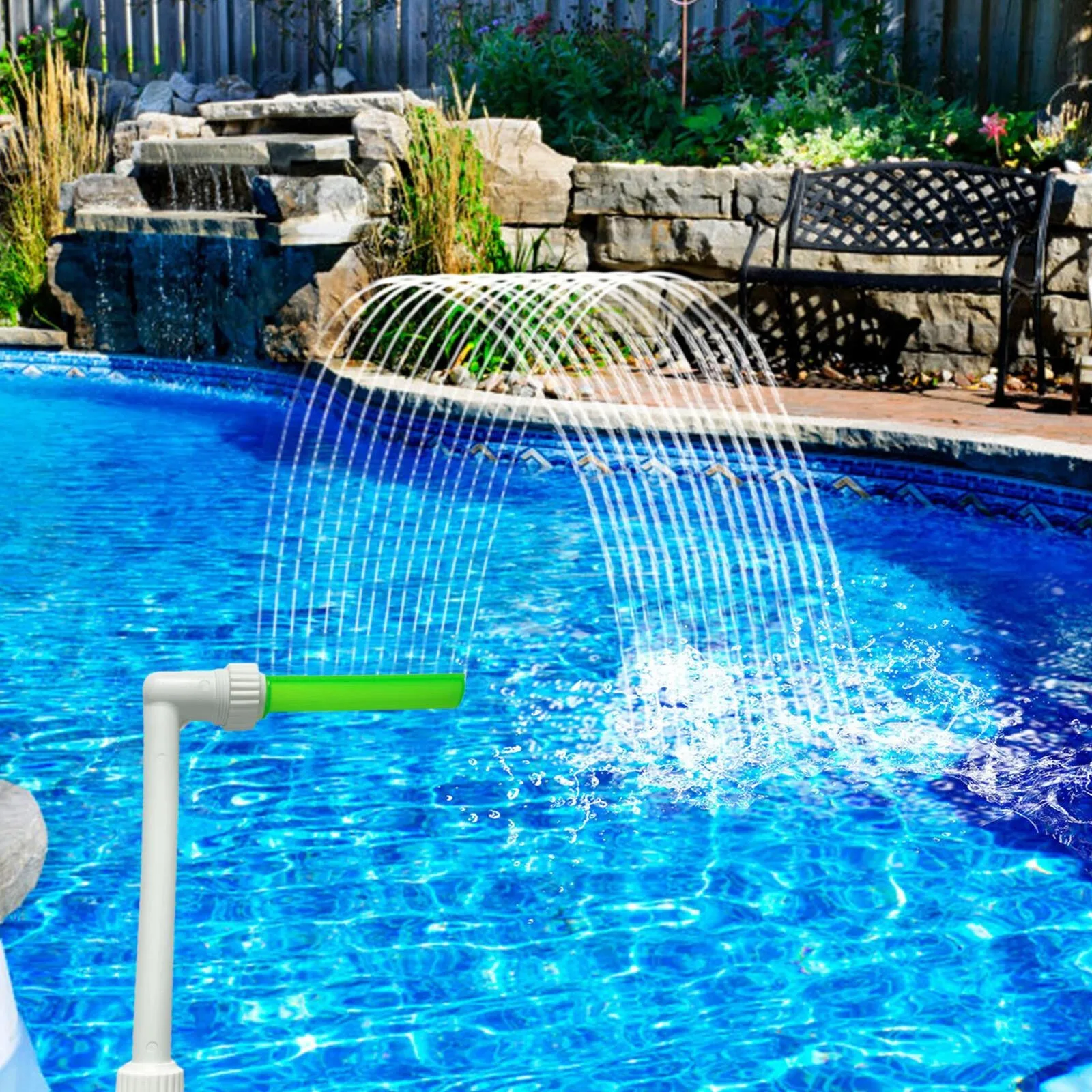 Fuente de piscina, fuentes de agua de doble pulverización para piscinas elevadas/enterradas, fuente de aspersor de piscina de cascada ajustable 2 en 1