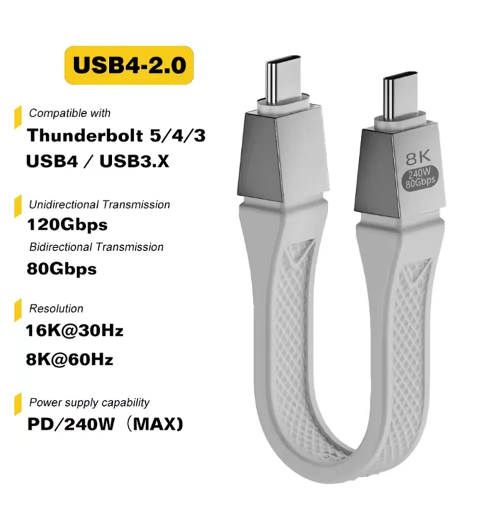 Thunderbolt 5 Type C USB4 2.0 Cable 80Gbps Gen4 USB C to egpu 16K PD 240w one-way 120Gbps Short Cable Compatible Thunderbolt 4/3 - Image 2