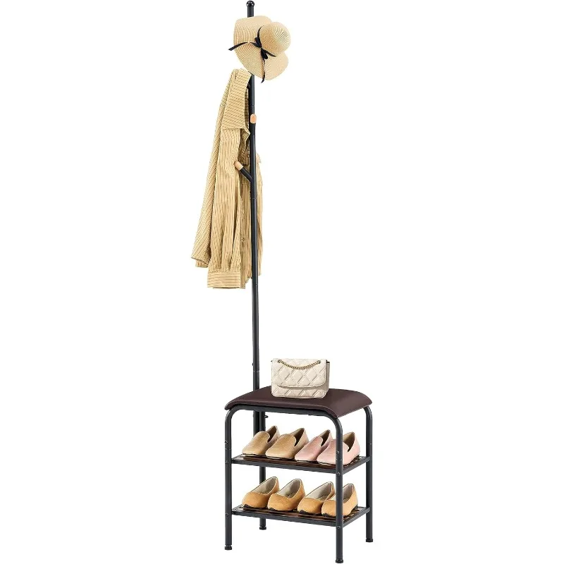 

Coat Rack Stand Shoe Bench - 3 in 1 Coat Hall Tree with Shoe Storage With Benches Small Metal Shoes Shelf for Entryway