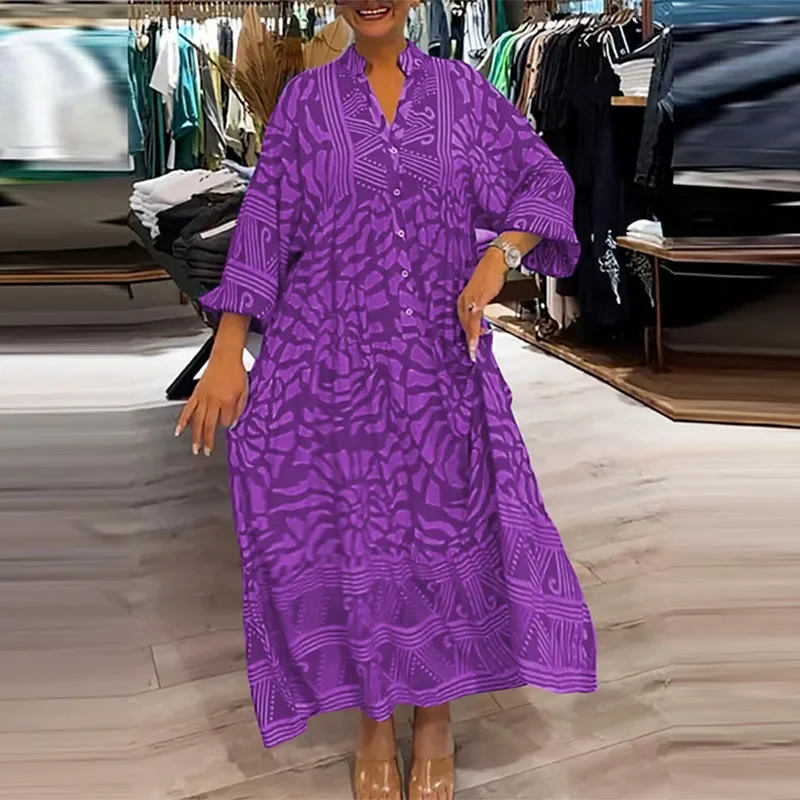 Fashion Long Sleeved High Waist Dresses Elegant V Neck Floral Print Party Dress 2025 New Casual Boho Pleated Maxi Dress Vestidos