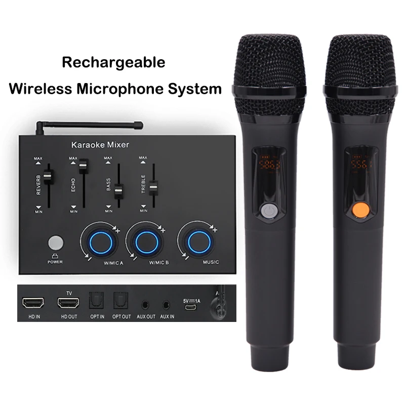 

UHF dual channels rechargeable wireless microphone karaoke mixer with echo reverb vocal cut bass treble for smart tv soundbar