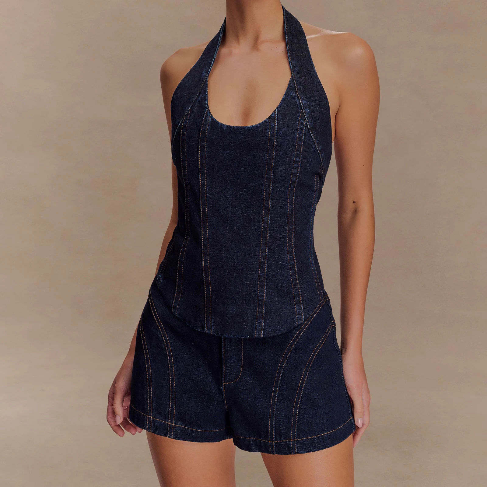 ใหม่แฟชั่นสตรี 2 ชิ้น DENIM ชุดสีทึบแขนกุด Halter คอเสื้อกางเกงขาสั้นชุดขายร้อน S-XL