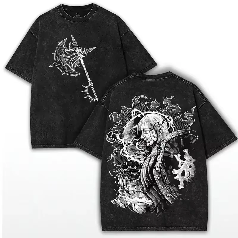 Anime The Seven Deadly Sins Escanor Manga Graphic Print T-shirt Retro Washed O-neck Cotton Men Women Oversize Top Summer New Tee