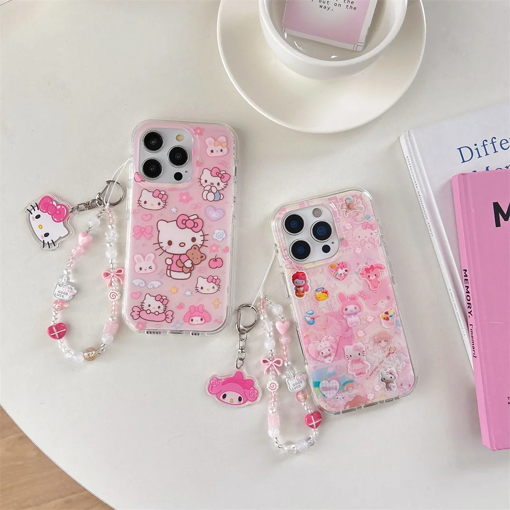 

Funny Cute Melody Hellokitty Pink Phone Case For iPhone 15 Pro 13 14 16 Pro Max Cover with Chain Shockproof Kawaii Cartoon Cases