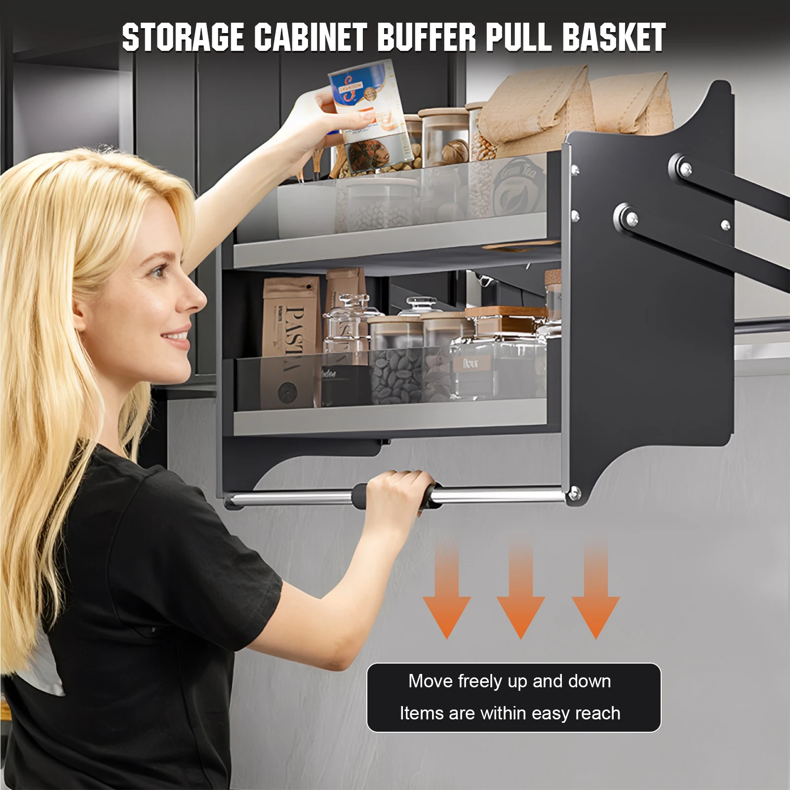 

2-Tier Pull Down Cabinet Organizer Aluminum Alloy 22.2 Inch Efficient Kitchen Organizer Large Storage Space 15kg