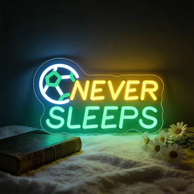 

Football Never Sleeps Neon Sign LED Night Light USB Rechargeable Sports Decoration Lamp for Game Room Bedroom Bar Gifts