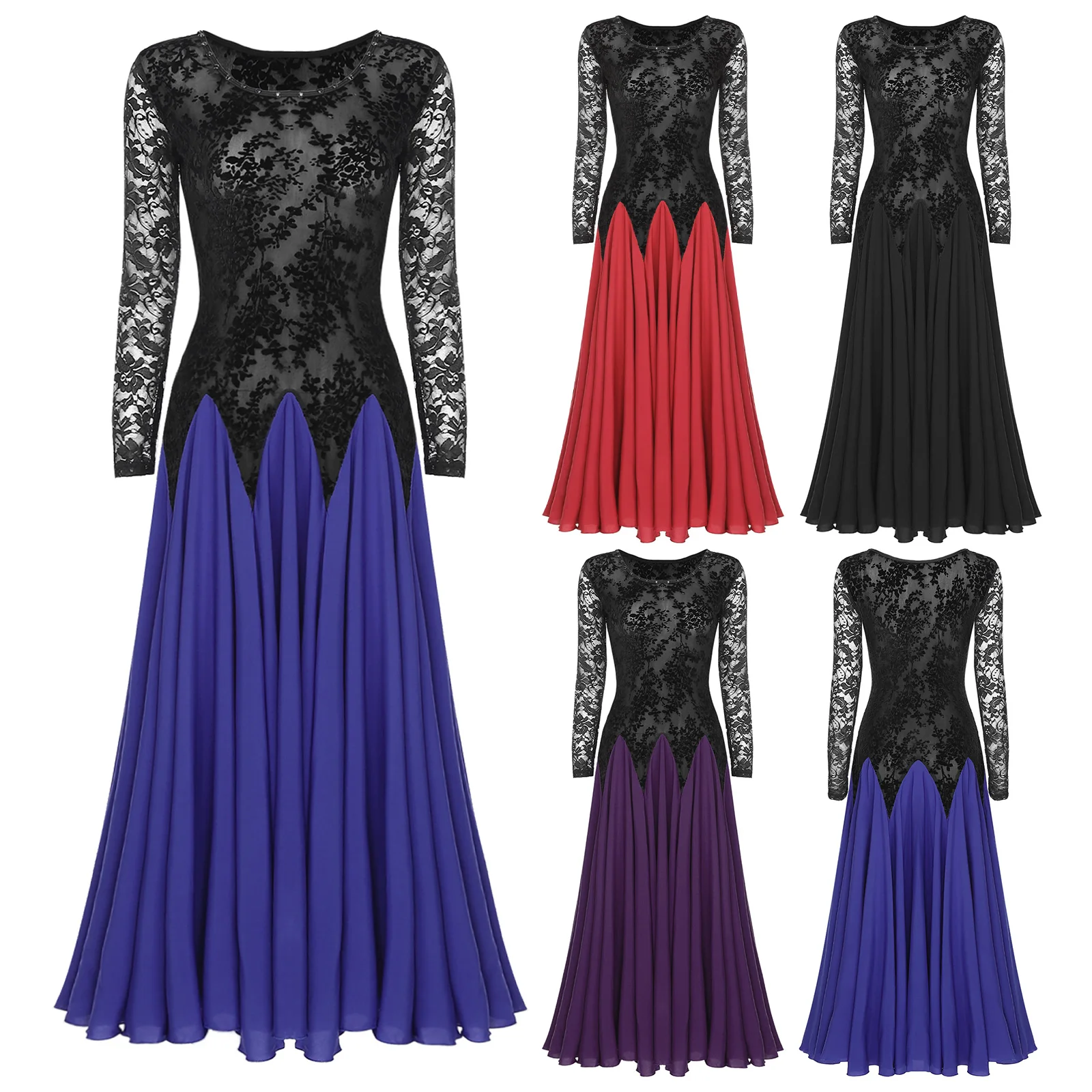 Womens Lace Patchwork Ballroom Dance Dresses Long Sleeve Dress for Waltz Cha-Cha Performance Competition