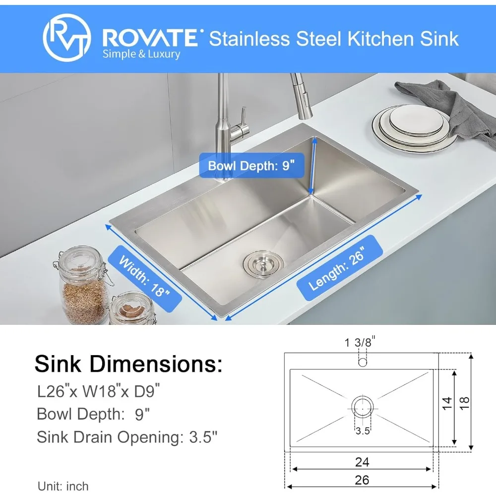 حوض مطبخ ستانلس ستيل 26 × 18 بوصة وعاء واحد 9 جبل عميق تصميم قطرة مصنوع يدويًا مع فتحة واحدة للصنبور