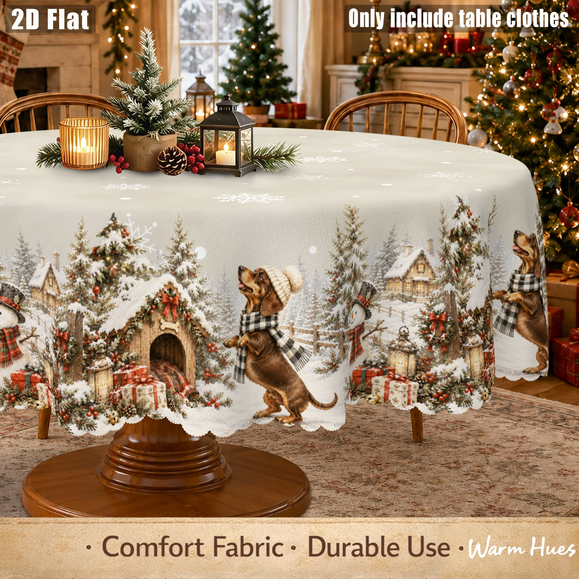 1 piece, 2D flat Christmas tablecloth, dachshund, snowman, Christmas tree, winter hut, snowflake, gift pattern print
