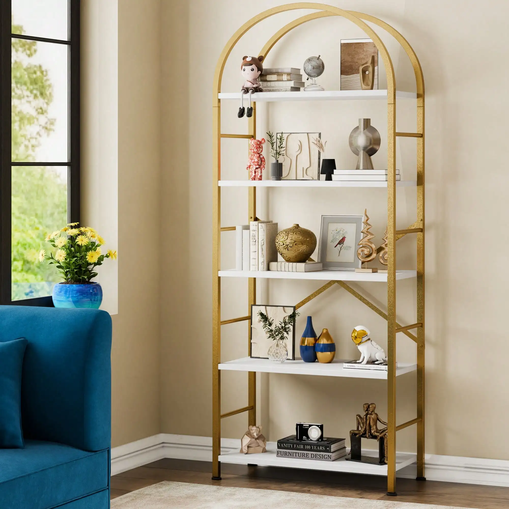 5 Tiers Bookshelf Arched, Wooden Bookcase Display Rack With Metal Frame, Modern Book Rack Free Standing Storage Shelves