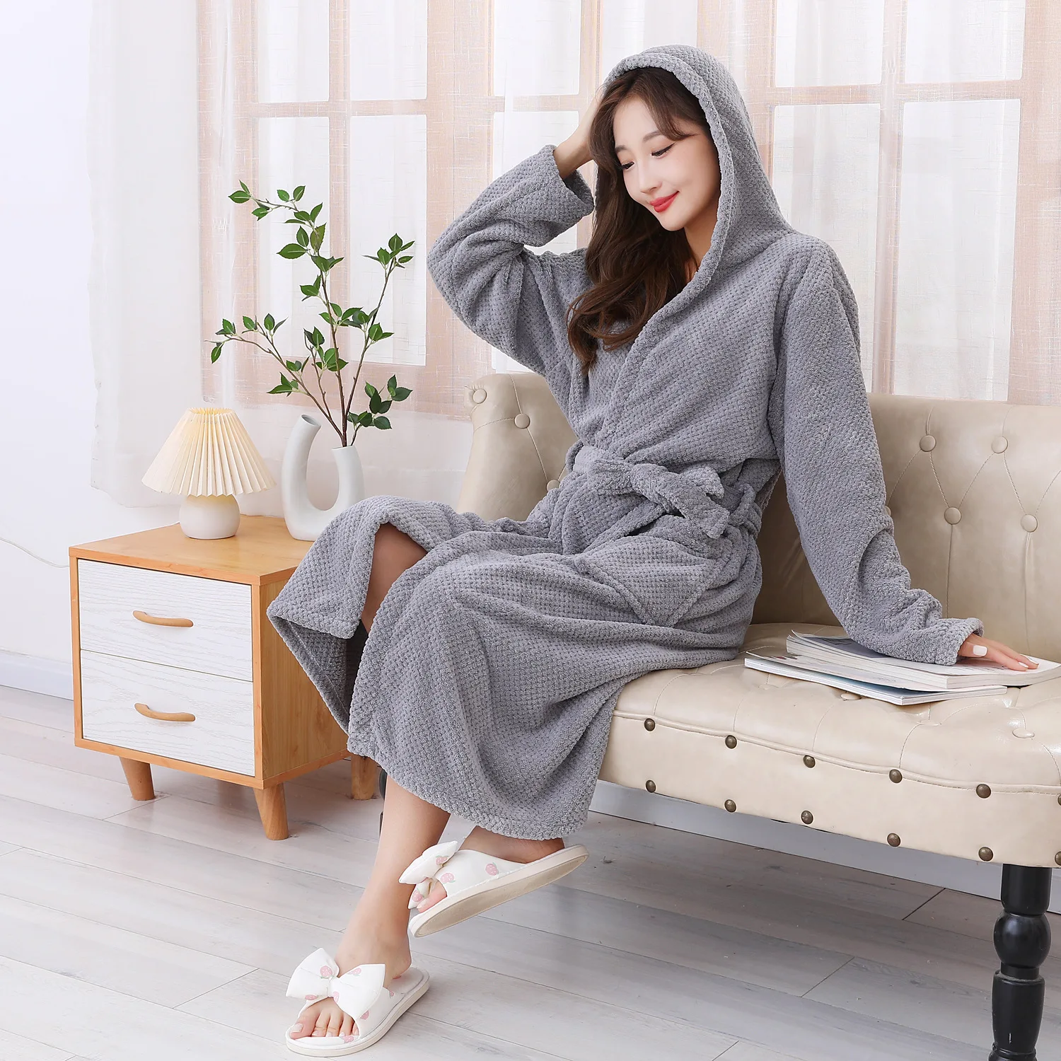 Coral Fleece Long Thick Absorbent Terry Bath Robe Light Weight Waffle Towel Bathrobe Sleepwear Women Dressing Gown Robes