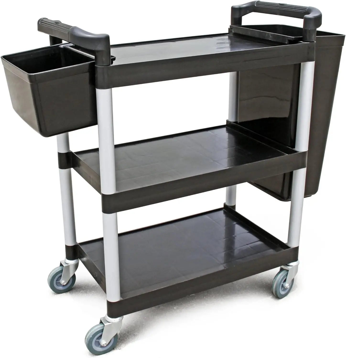 Pound Plastic 3-Tier Utility Bus Cart with Locking Casters, 32" x 16" x 38", Black