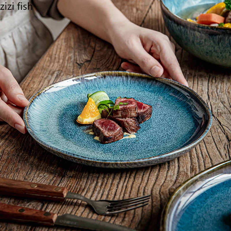 Flame-Killed Blue Ceramic Plate Retro Dessert Snack Plate Steak Plate Thick Soup Bowl Salad Bowl Pasta Bowl Restaurant Tableware
