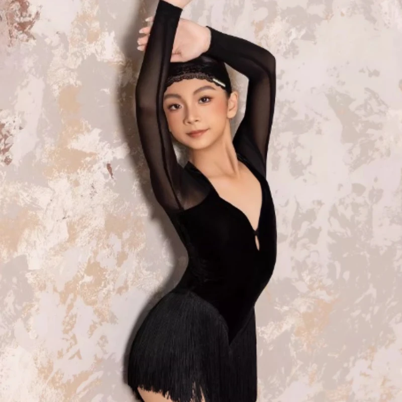 New Girls Latin Dance Dress Long Sleeves Fringe Dance Costume Cha Rumba Samba Dance Competition Dress Practice Dress BL view 4