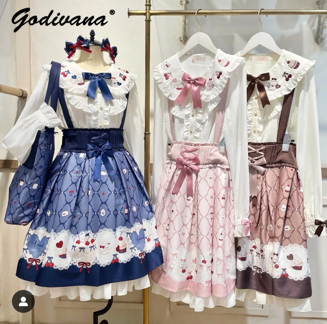 

Новое японское осеннее милое милое платье на бретелях с десертным принтом, рубашка в стиле Лолиты с длинными рукавами и вышивкой, топ, комплекты платьев из 2 предметов