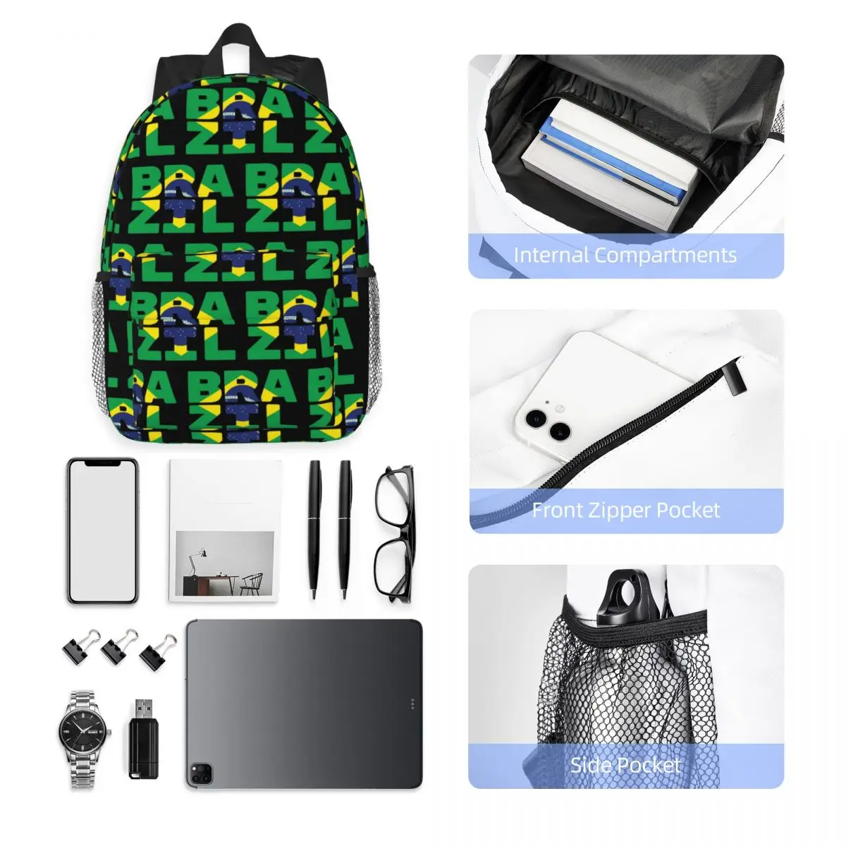 Brazil Flag Text Backpack Student Boys Girls BookBag Men Women School Bag Laptop Shoulder Bags