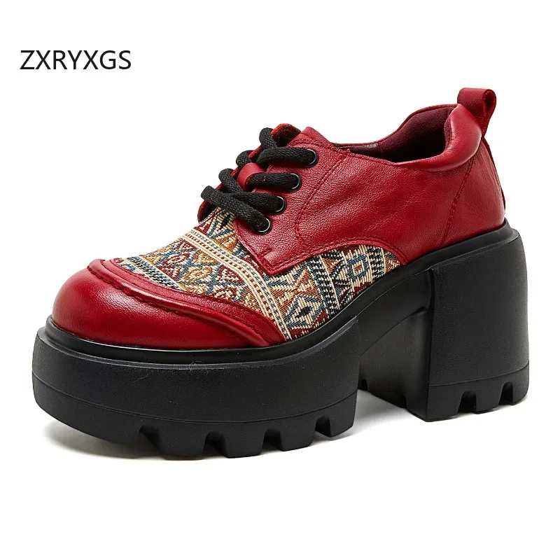 ZXRYXGS Personality Trend Top Cowhide + Jacquard Fabric Women Fashion Pumps 2026 Autumn Thick Sole Non-slip Heighten High Heels